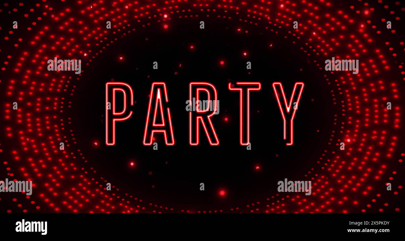Bild des Partytextes über blinkendem rotem Lichtmuster Stockfoto