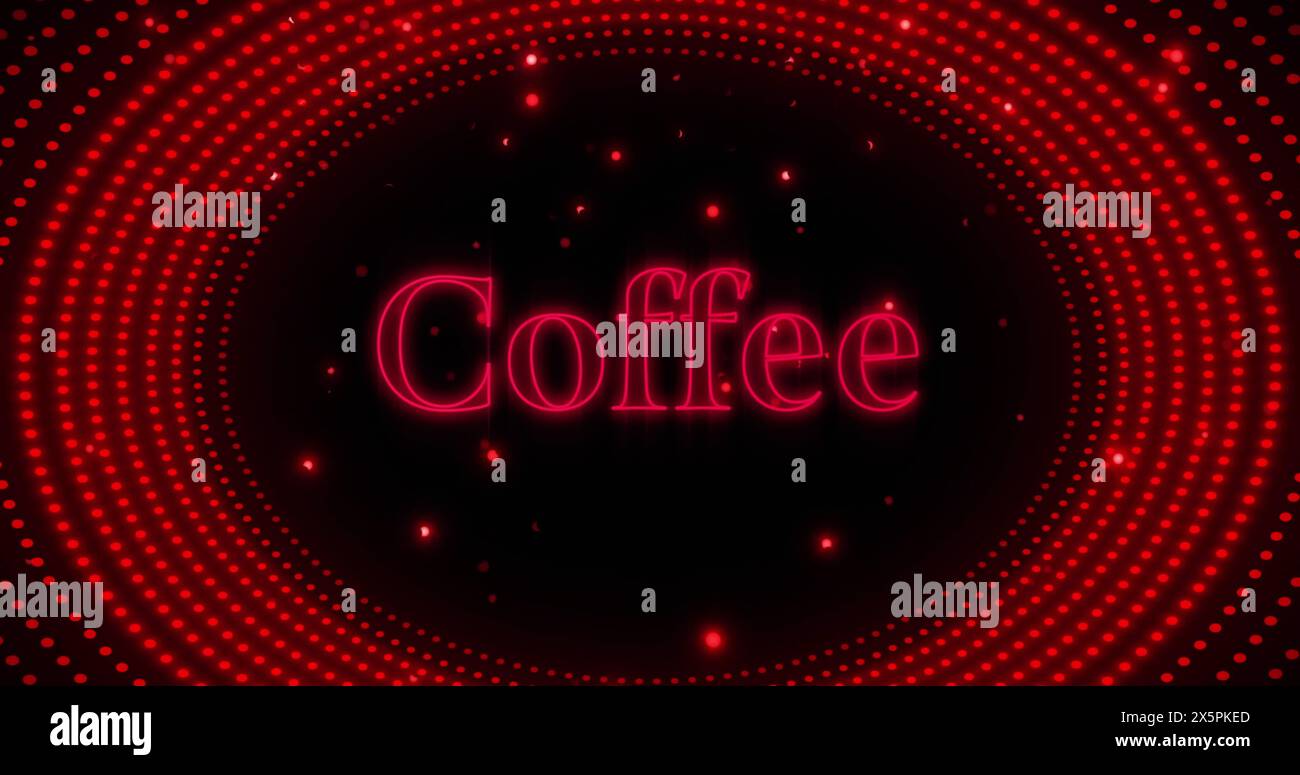 Bild des Kaffeetextes über blinkendem rotem Lichtmuster Stockfoto