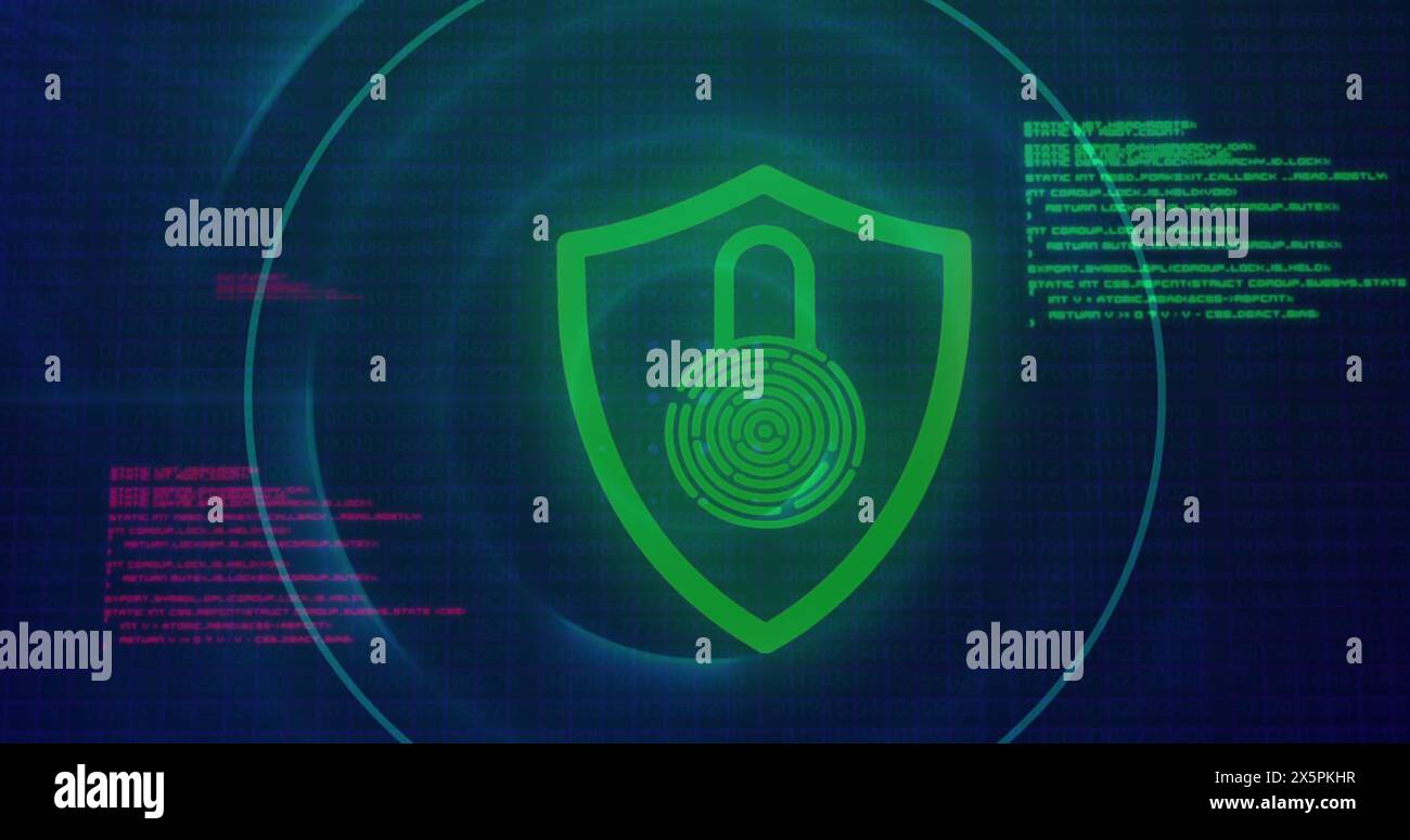 Bild von Kreisen über dem Vorhängeschloss in Hülle vor Computersprache auf blauem Hintergrund Stockfoto