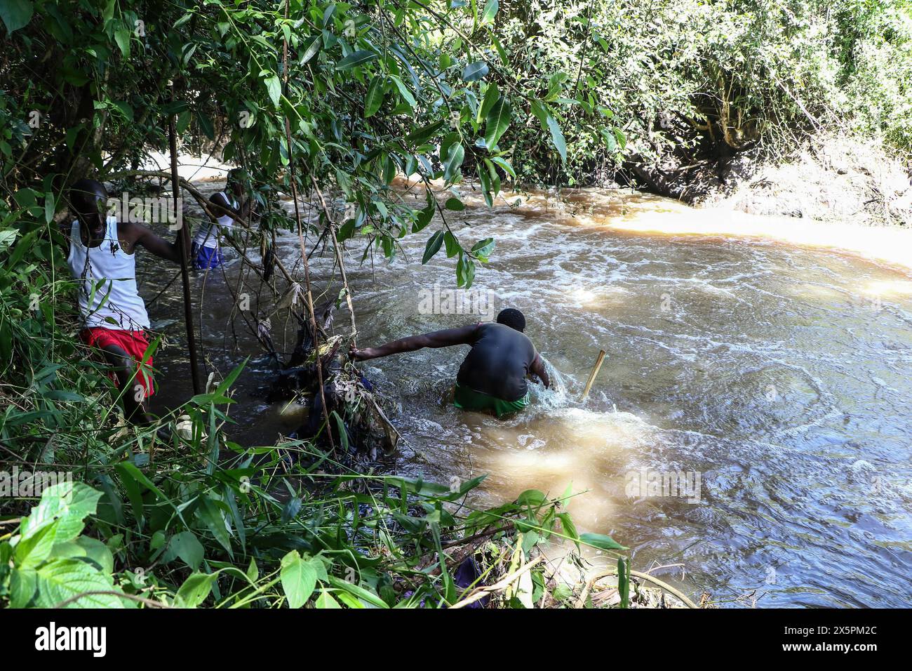 Nakuru, Kenia. Mai 2024. Einheimische Taucher suchen nach Leichen von zwei jungen Schwestern, die ertranken, als sie versuchten, einen geschwollenen Njoro River im Ketiro Village im Nakuru County zu überqueren. Ihr tragischer Tod erhöht die Zahl von mindestens 230 Menschen, die nach starken Regenfällen, die in Kenia zu großen Überschwemmungen geführt haben, ihr Leben verloren haben. (Foto: James Wakibia/SOPA Images/SIPA USA) Credit: SIPA USA/Alamy Live News Stockfoto