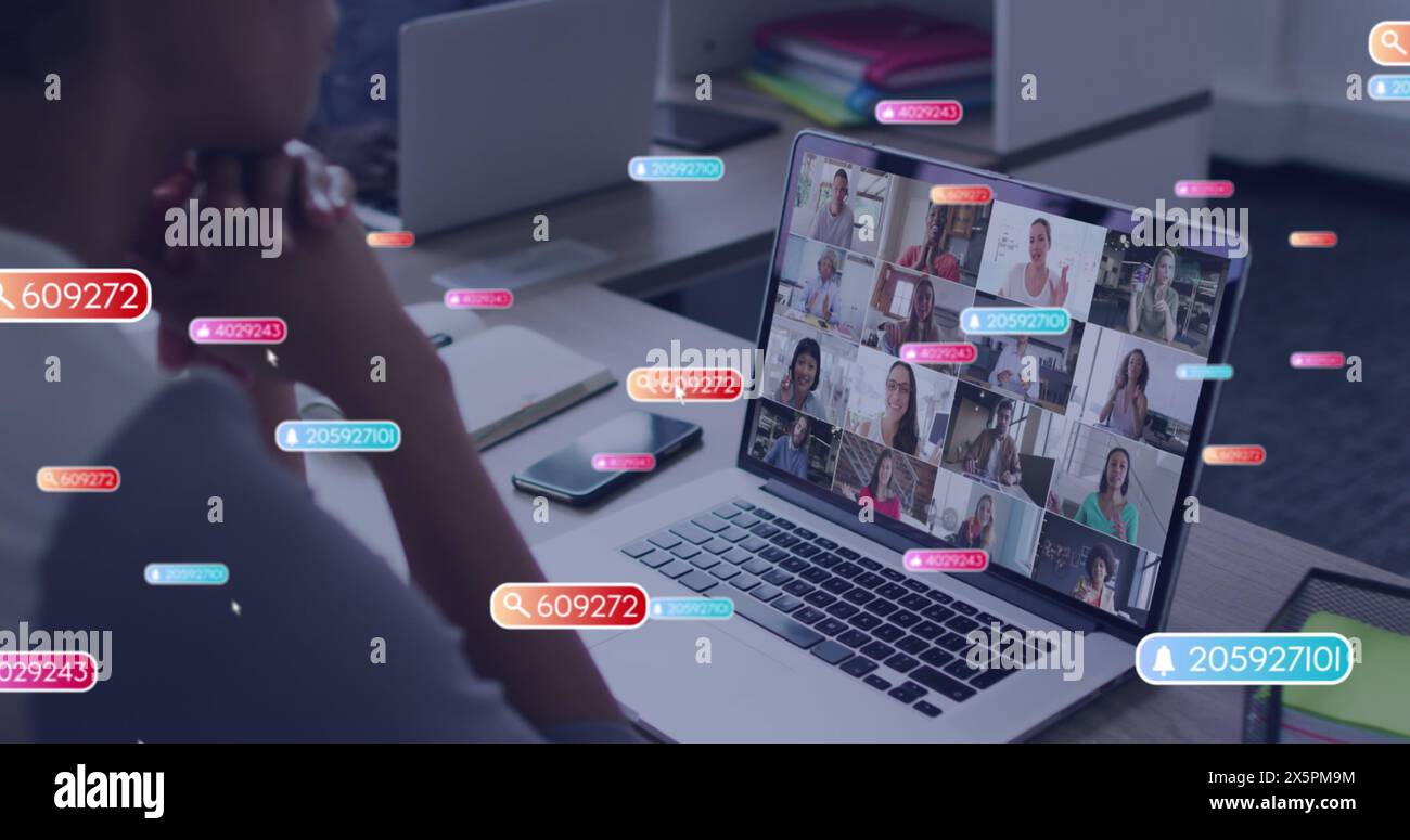 Bild von Social-Media-Ikonen und -Nummern über afroamerikanischer Frau bei Laptop-Image-Anruf Stockfoto