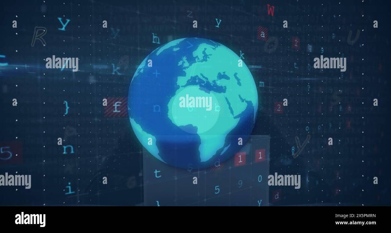 Bild von verbundenen Symbolen auf der ganzen Welt, Computersprache, Texten, Buchstaben, Zahlen und Symbolen Stockfoto