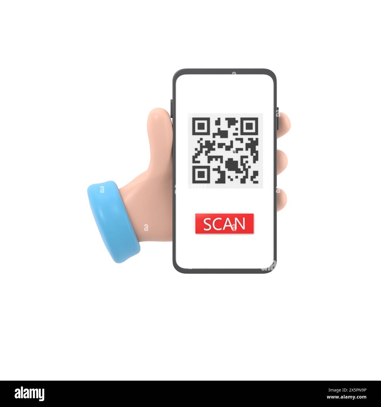 3D-Cartoon-Rendering weibliche Hand hält das Smartphone und nutzt den mobilen App-Service mit Scan QR-Code-Banner-Design. Technologie und Geschäftskonzept.3D-Renderin Stockfoto