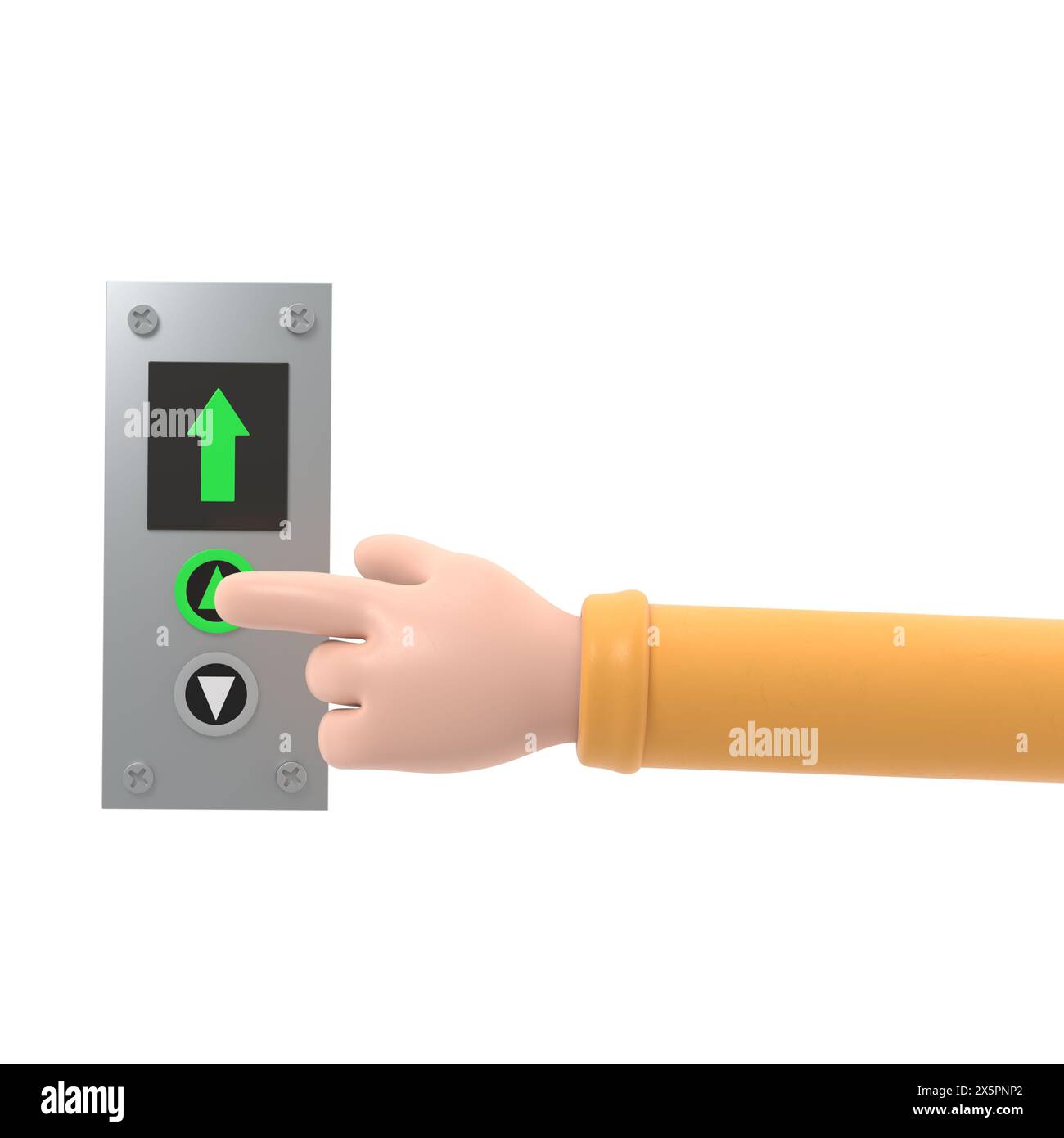 Geschäftsmann drückt den Lift-Knopf. Flache 3D-Illustration. Rufen Sie den Fahrstuhl an. Pfeil nach oben. Steigen Sie in die oberste Etage. Finger auf die Schaltfläche.3D-Rendering ein Stockfoto
