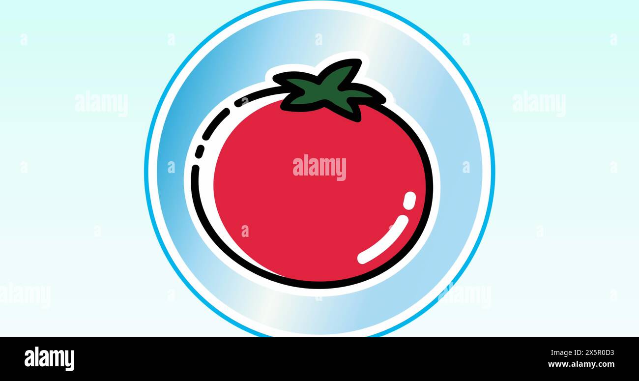 Eine hellrote Tomate mit grünem Stiel sitzt mittig auf blauem Hintergrund Stockfoto