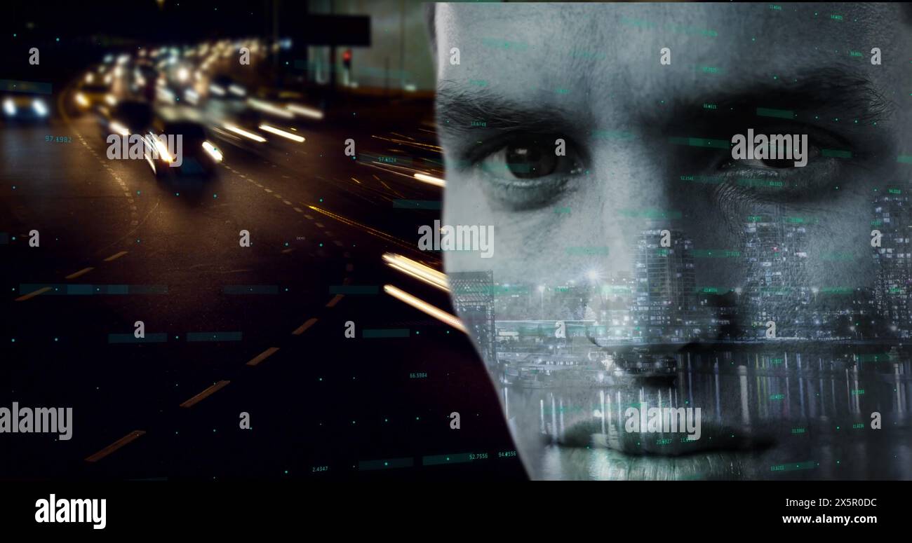 Kaukasischer Mann mit digitalem Code, der sein Gesicht überlagert Stockfoto