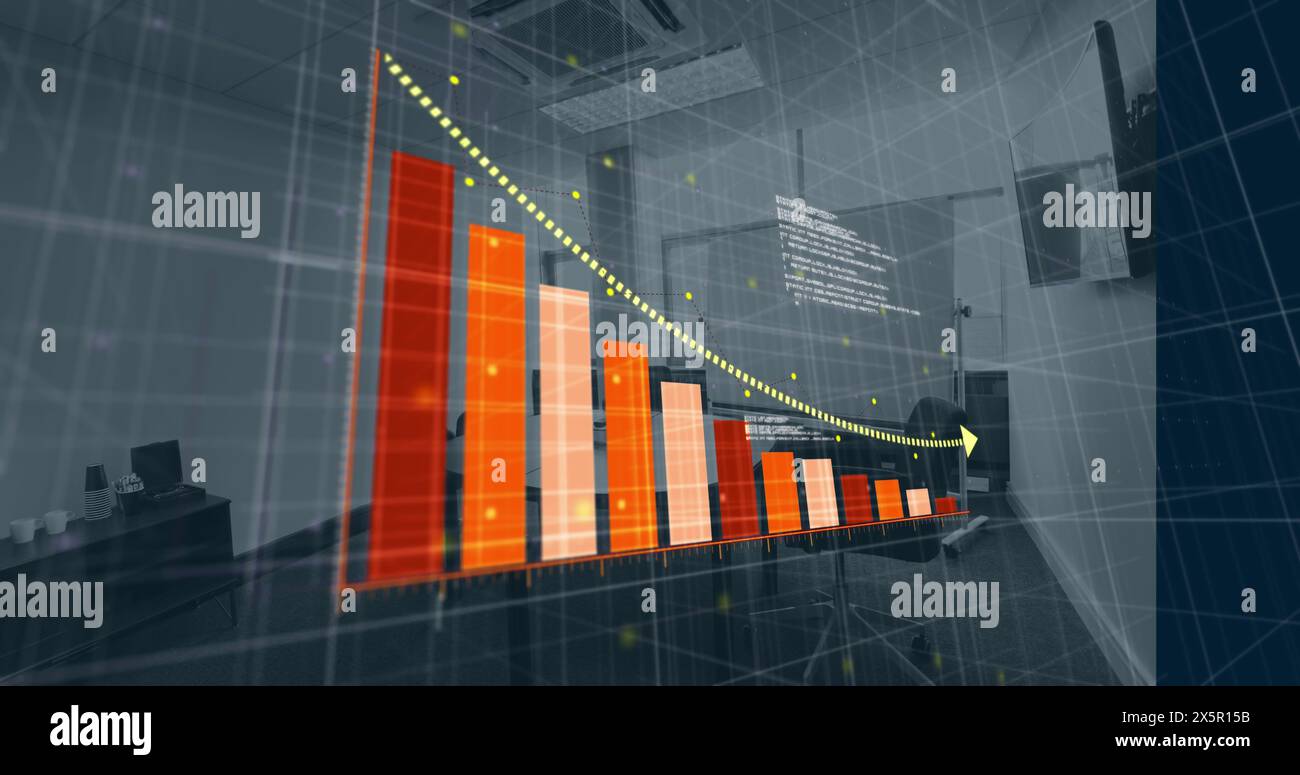 Abbildung eines Balkendiagramms und Pfeils für Verlust und Kodierung über leeren Stühlen und Tisch im Büro Stockfoto