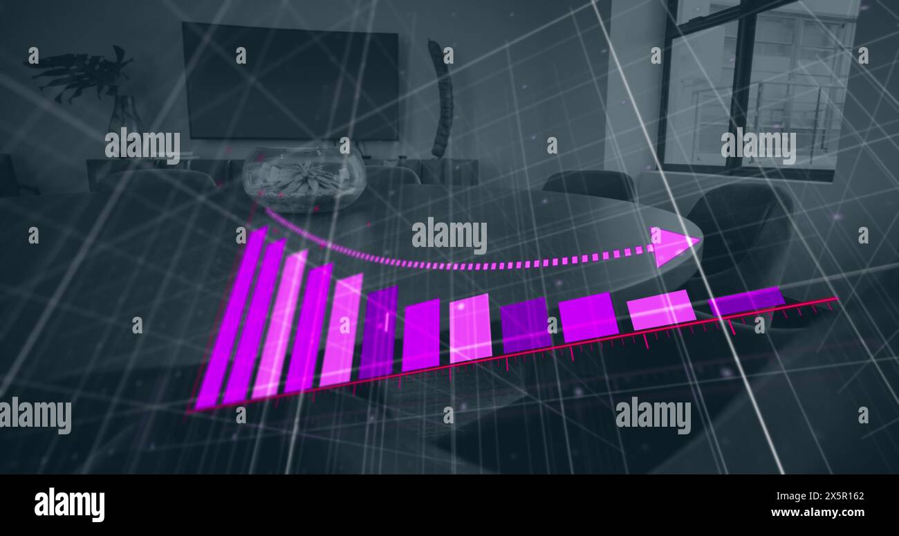 Abbildung eines Balkendiagramms, das den Verlust über leeren Stühlen und im Büro angeordneten Tisch darstellt Stockfoto