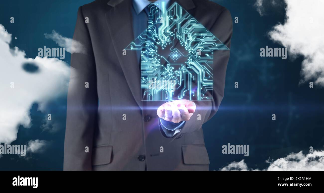 Kaukasischer Mann mittleren Alters, mit leuchtendem digitalem Gehirn, in einem dunklen Anzug Stockfoto