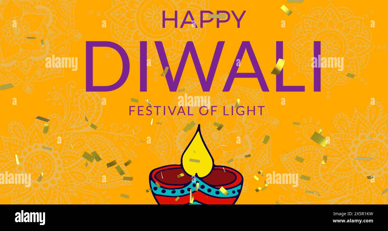 Bild des glücklichen diwali Festival des Lichtes über Neon-Kürbis auf braunem Hintergrund Stockfoto