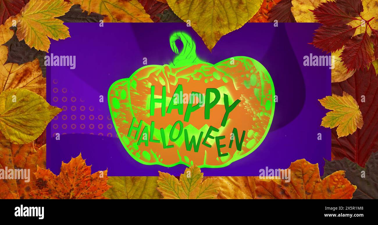 Bild des Blattrahmens über Happy halloween und Jack o Laterne im Hintergrund Stockfoto