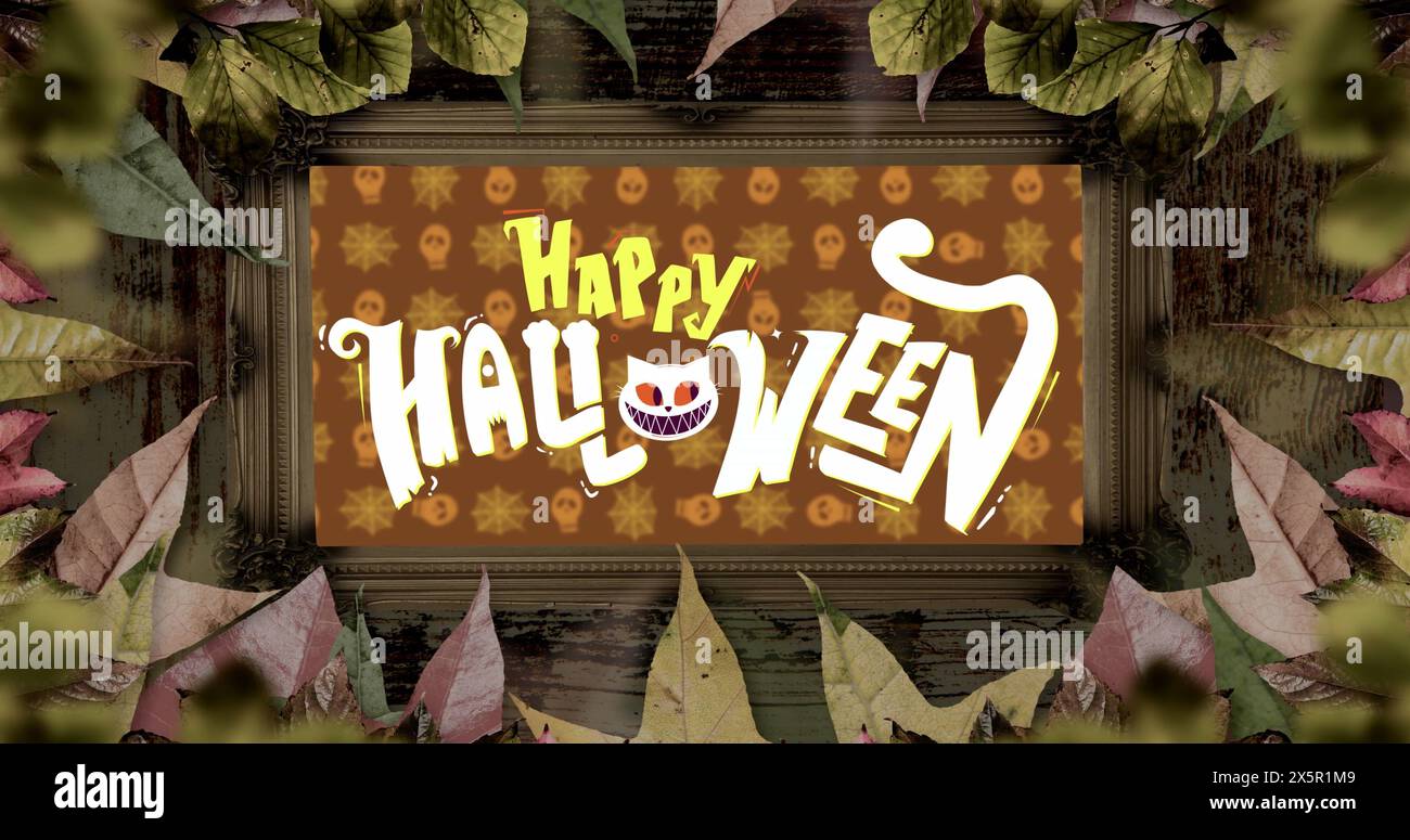 Bild des Blattrahmens über glücklichem halloween im Hintergrund Stockfoto