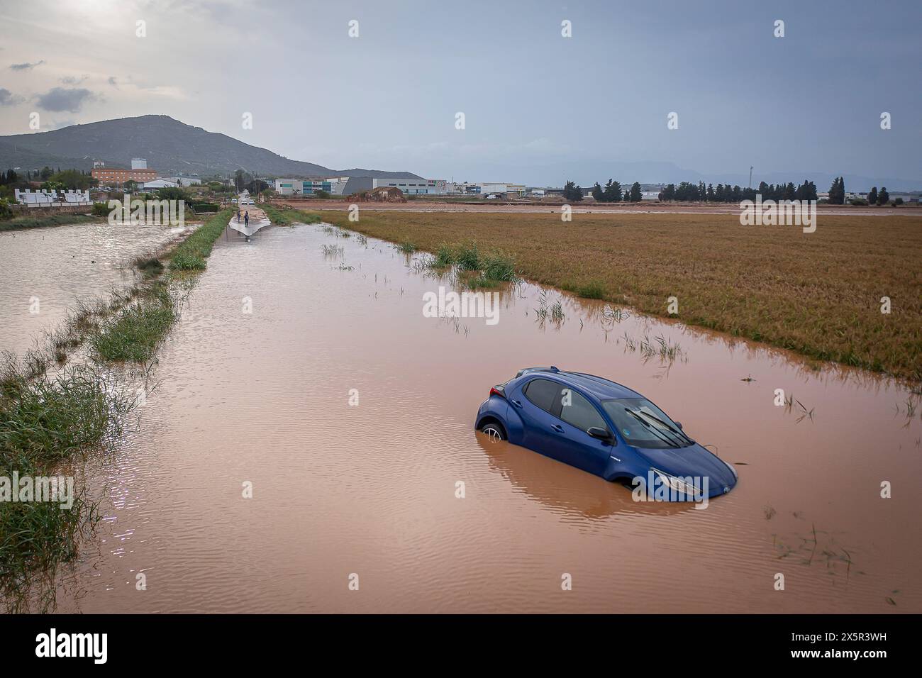 Überflutetes Land, nach einem großen Sturm, in Amposta, Tarragona, Spanien. September 2023 Stockfoto