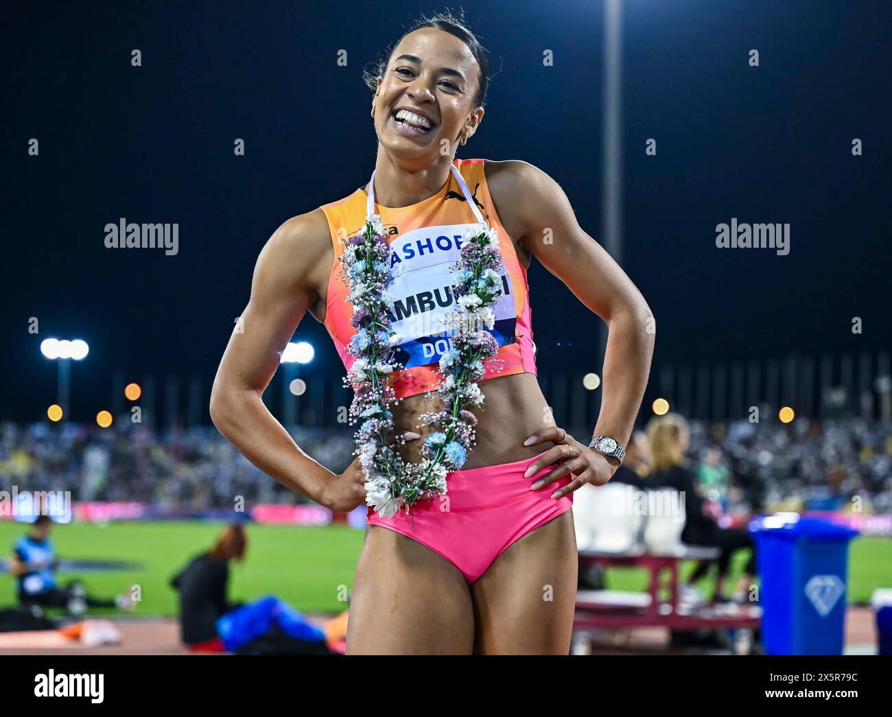 Doha, Katar. Mai 2024. Ditaji Kambundji aus der Schweiz feiert nach dem