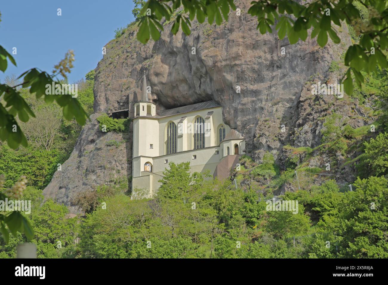 Felsenkirche 1484 erbaut und Wahrzeichen, Felsen, Klippen, Berg, Steinmauer, Idar-Oberstein, Hunsrueck, Rheinland-Pfalz, Deutschland Stockfoto