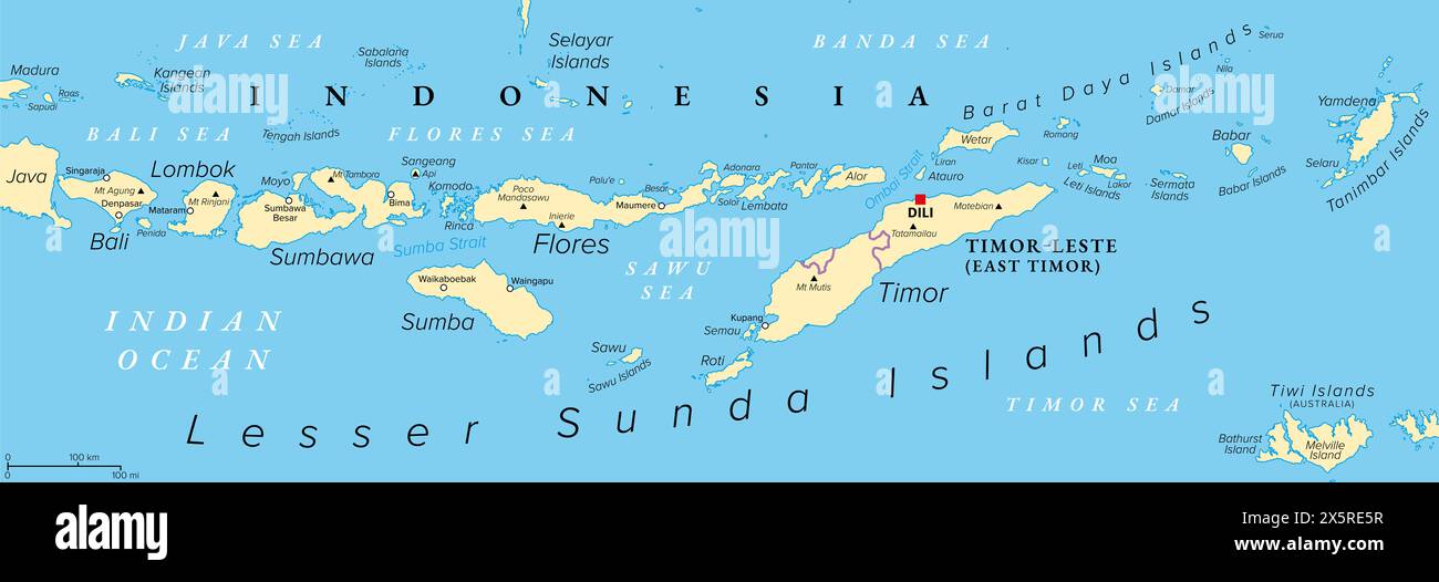 Kleinere Sunda-Inseln, Indonesien, politische Karte. Nusa Tenggara Inseln, Inselgruppe Südostasien. Teil des vulkanischen Sunda Arc. Stockfoto