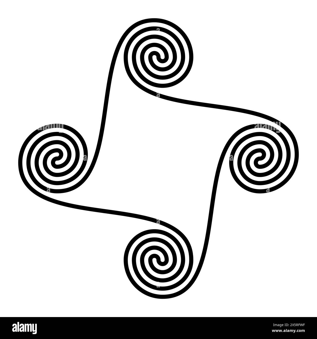 Spiraltetraskelion und Vierfachspirale. Geometrisches Muster und Symbol von vier miteinander verbundenen, zweiarmigen archimedischen Spiralen, die nahtlos miteinander verbunden sind. Stockfoto