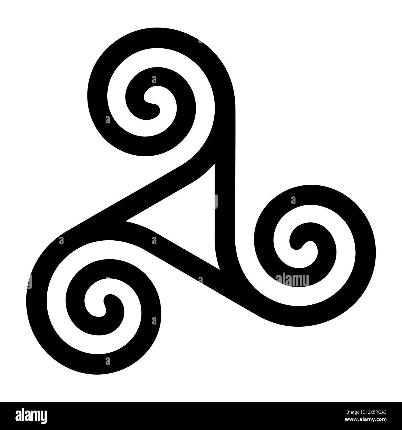 Spiraltriskelion mit hohlem Dreieck in der Mitte. Triskele, altes Symbol und Motiv einer dreifachen Spirale mit Rotationssymmetrie. Stockfoto