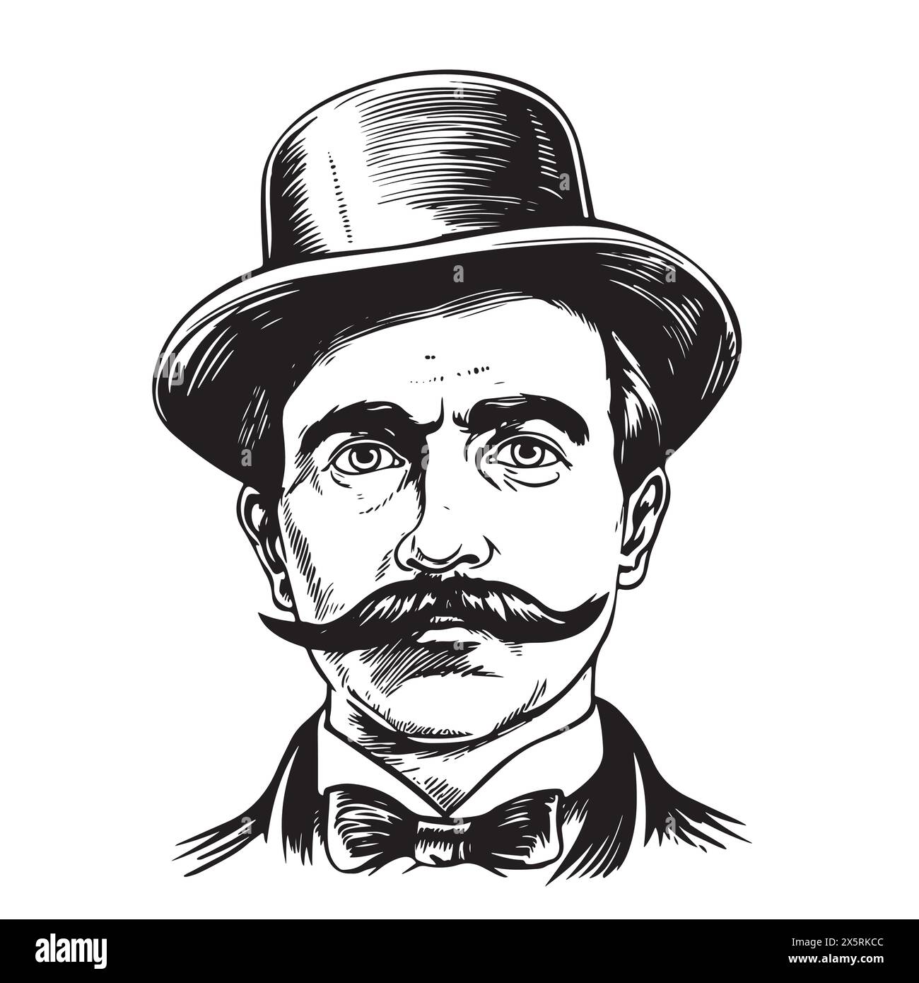 Porträt eines englischen Herrn mit Schnurrbart im Anzug und handgezeichnetem Hut. Stock Vektor