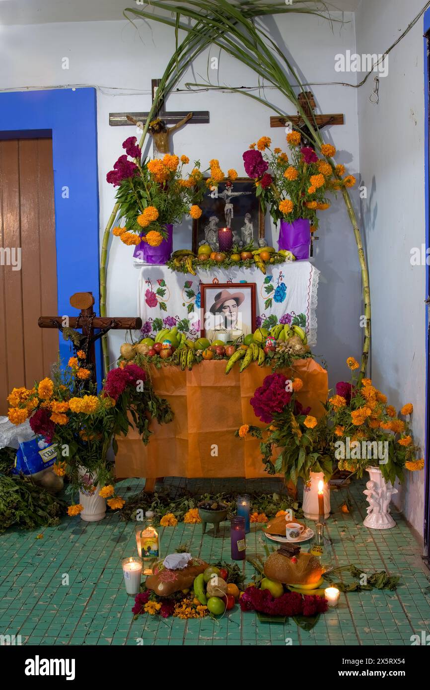 Matatlan, Oaxaca; Mexiko; Nordamerika. Escobar Familienaltar zu Ehren des Vorfahren, dekoriert für die Feierlichkeiten zum Tag der Toten. Stockfoto