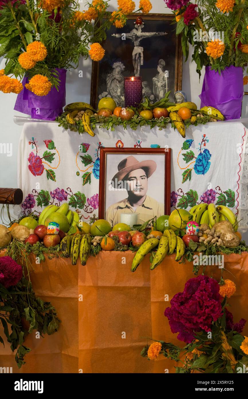 Matatlan, Oaxaca; Mexiko; Nordamerika. Escobar Familienaltar zu Ehren von Ambrosio Escobar, dekoriert für die Feierlichkeiten zum Tag der Toten. Stockfoto
