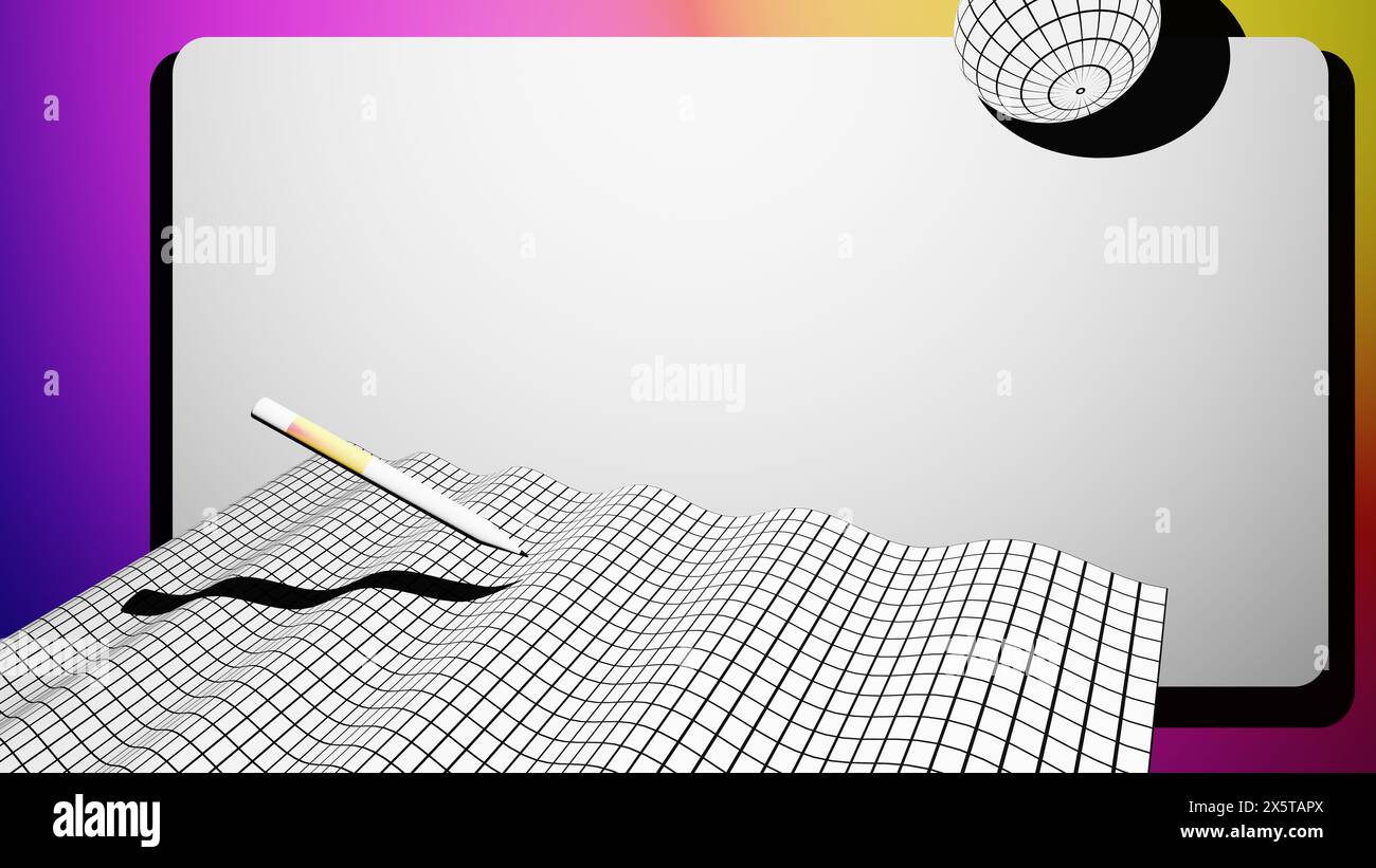 Dynamische geometrische Formen mit irisierenden Verläufen auf 3D-Rastern – Moderne 16 x 9-Hintergrundvorlage. 3D-Rendering. Stockfoto