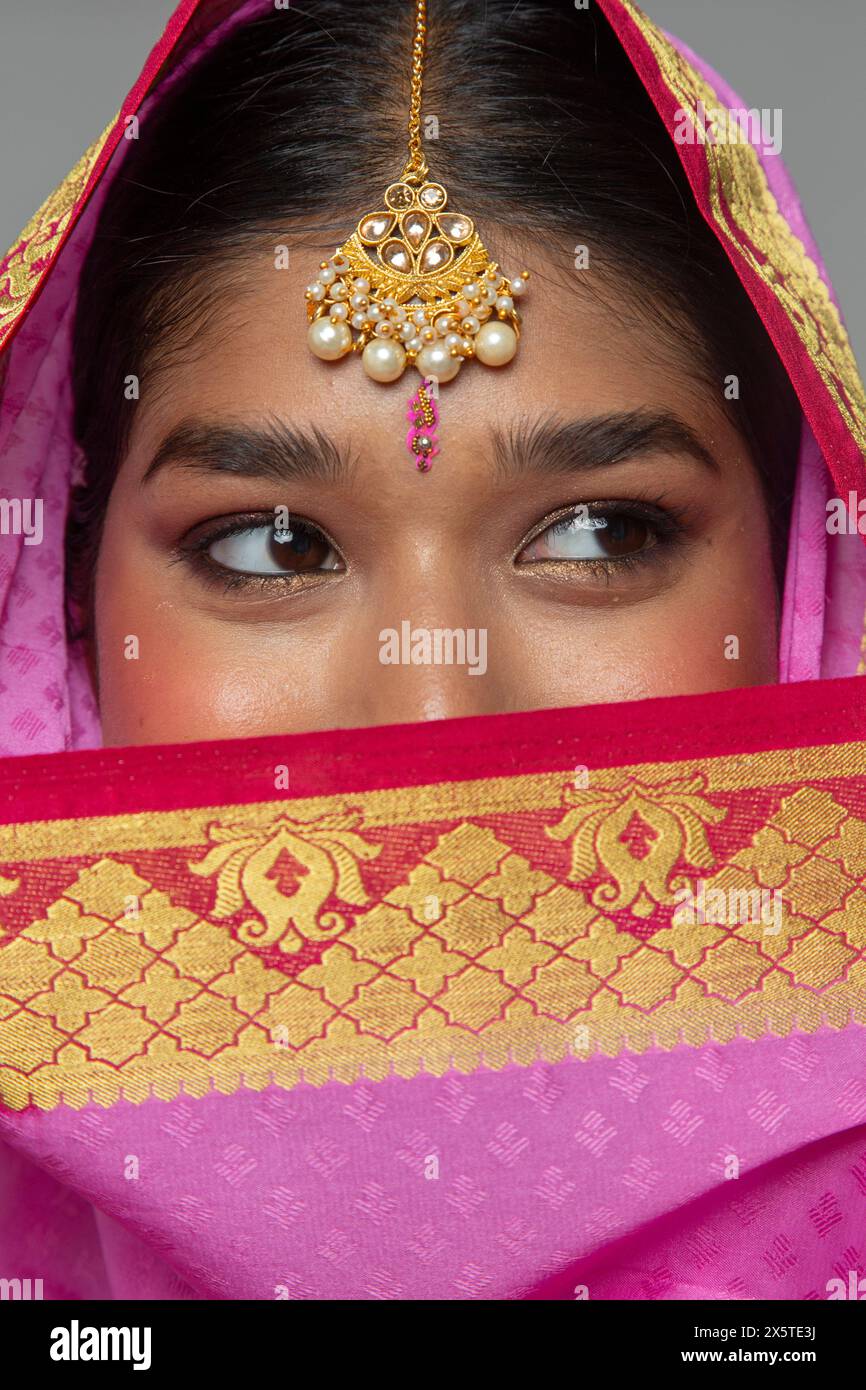 Nahaufnahme einer Frau, die Sari und Goldschmuck trägt Stockfoto