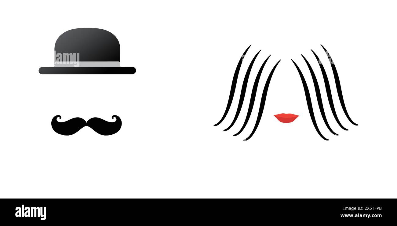 Frauenhaare und Lippen, Männerhut und Schnurrbart, Frauen- und Männersymbole Stock Vektor