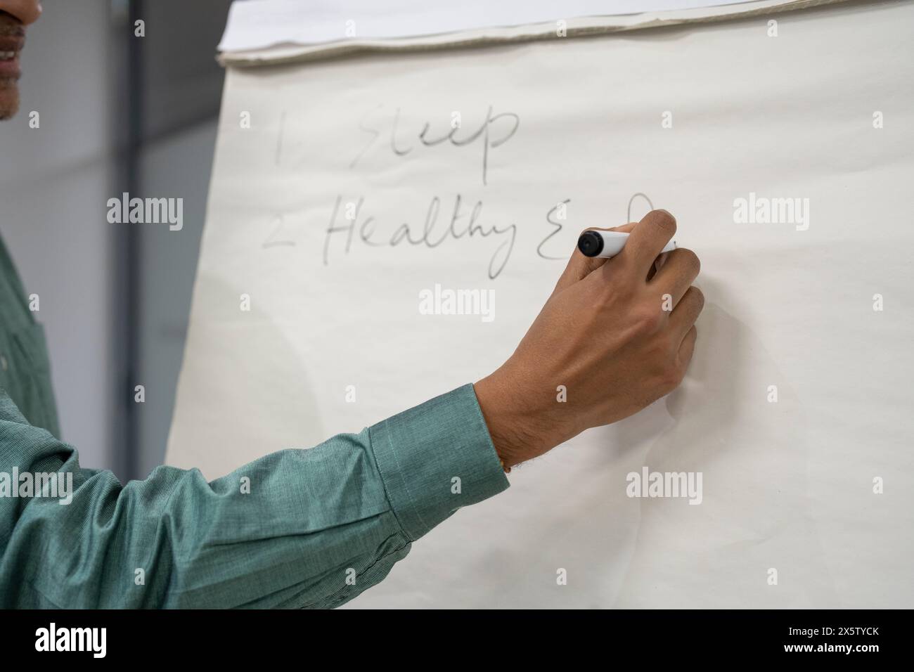 Geschäftsmann schreibt Ideen auf Flipchart Stockfoto