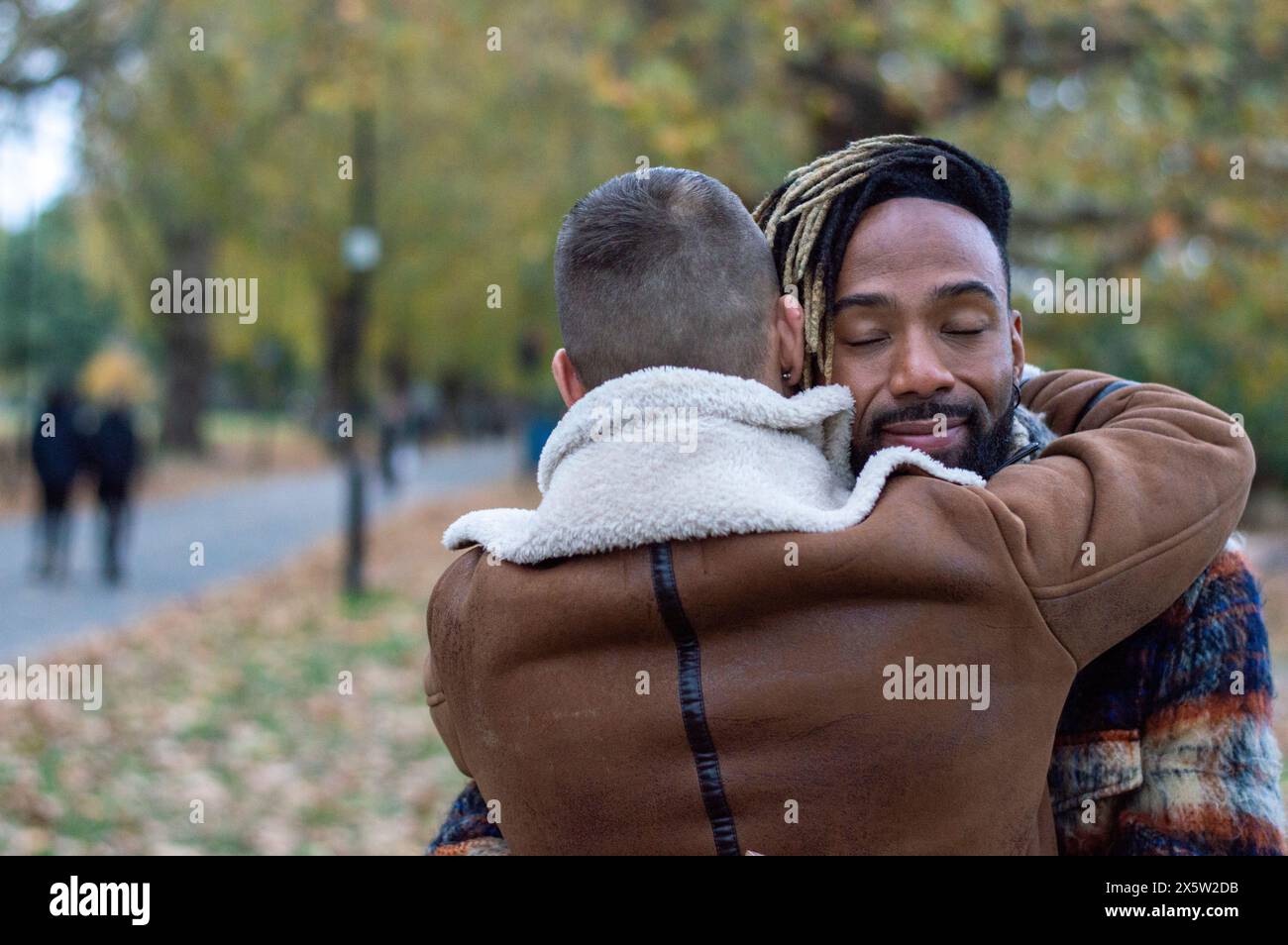 Mittelerwachsene Männer, die sich im Park umarmen Stockfoto
