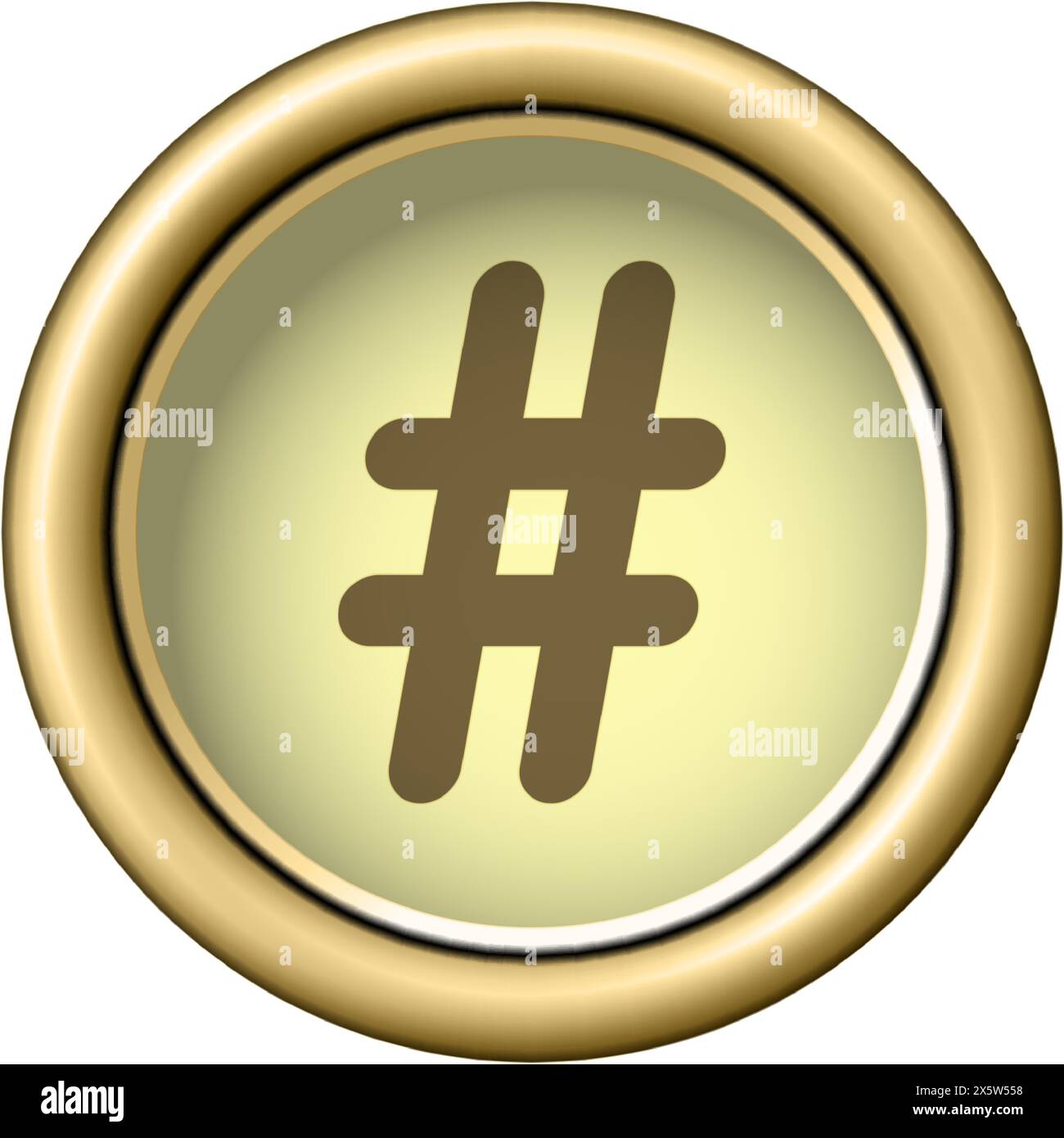 Symbol für Hash-Nummer. Goldene Vintage Schreibmaschinentaste isoliert auf weißem Hintergrund Stock Vektor