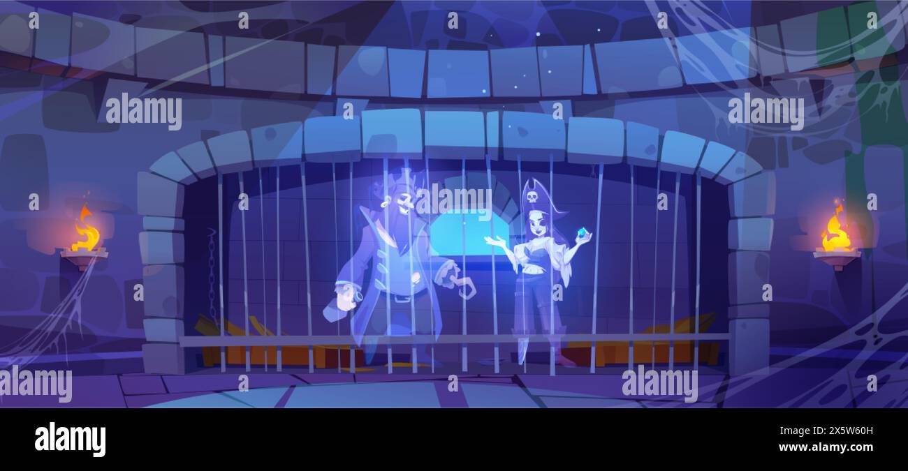 Piratengespenst im Inneren des Gefängnisses im Schloss. Steinmauer in dunklem antiken mittelalterlichen Gebäude. Altes, verlassenes, gespenstisches Haus mit Mann und Frau. Horror Tower mit Stock Vektor