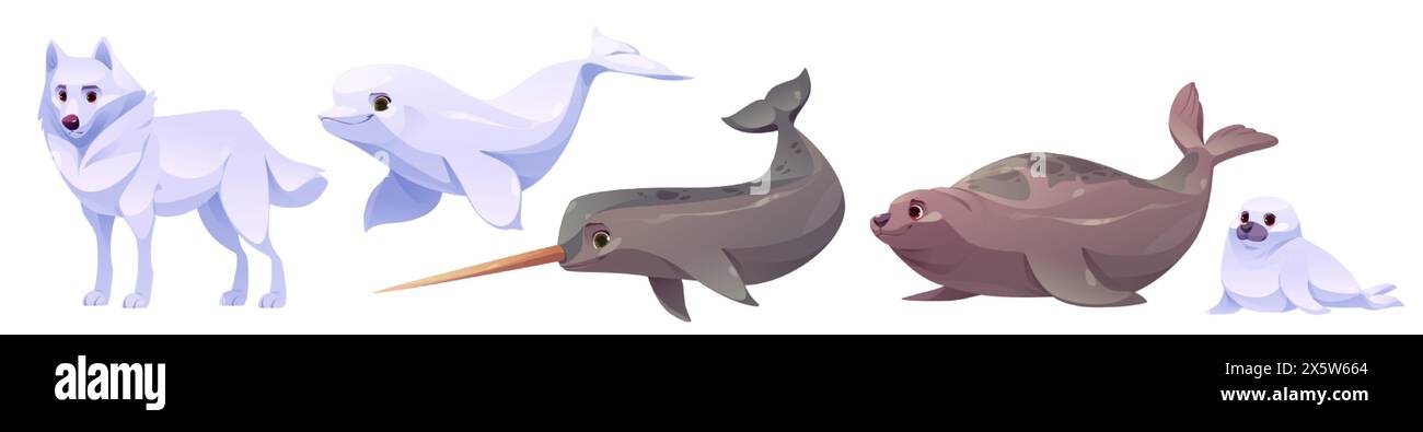 Niedliche toon Nordpol Land- und Meerestiere. Zeichentrickvektor-Illustration Set von polaren arktischen wilden Lebenszeichen - weißer Wolf, schwimmender Beluga, Narwal Stock Vektor