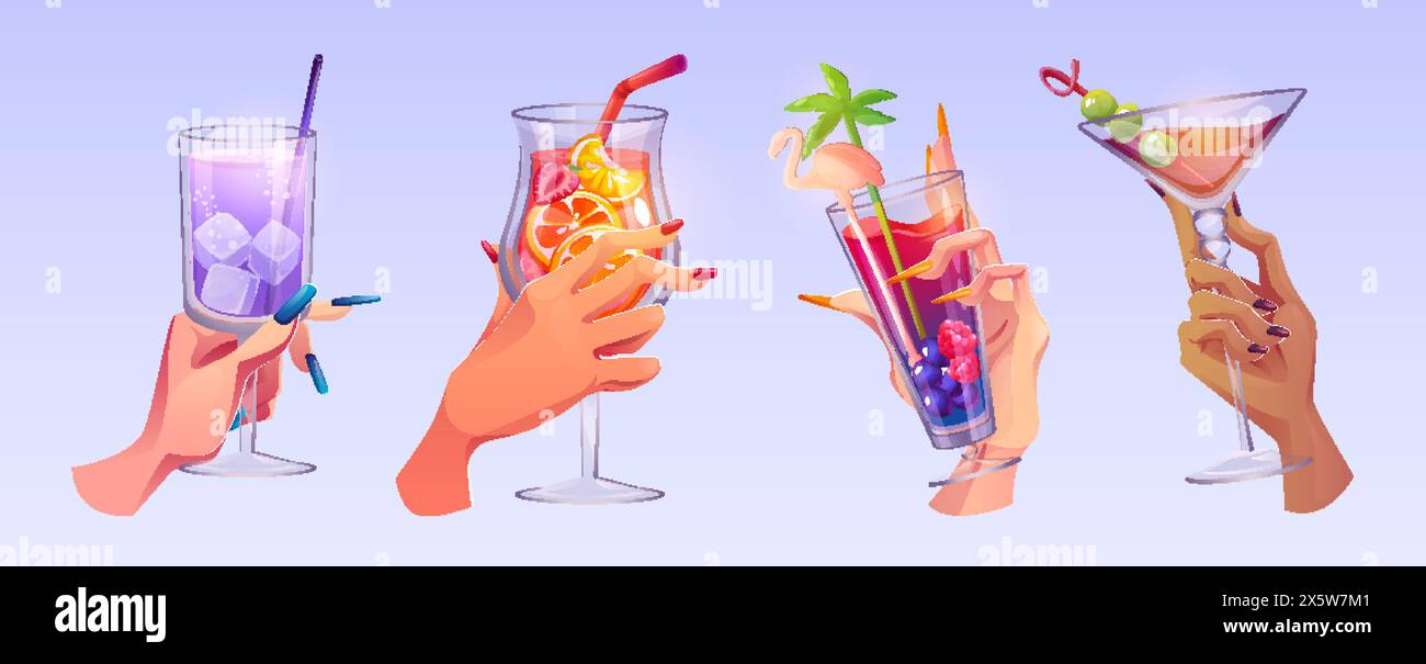 Halten Sie Cocktail in der Hand, um Alkohol für Toast-Vektor-Illustration zu trinken. Die Leute in der Bar jubeln mit Saft, Gin Tonic und Prosecco ihre Freundschaft. Dif Stock Vektor