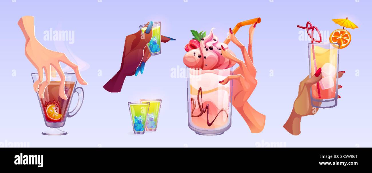 Weibliche Hände halten Gläser mit Alkohol Cocktails - Shot und Longdrinks für Party und Feier Konzept. Zeichentrickvektor-Illustration Satz des Menschen Stock Vektor