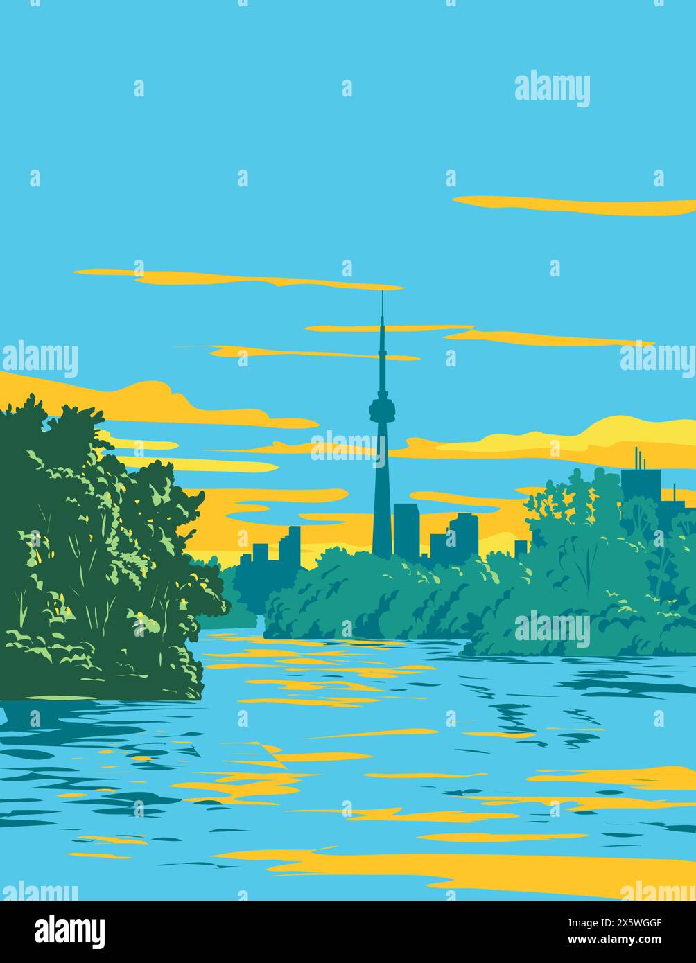 WPA-Plakatkunst des Toronto Island Park mit der Skyline von Toronto im Hintergrund auf dem Ontario Lake, Kanada, erstellt in Works Projektverwaltung oder auf Bundesebene Stock Vektor