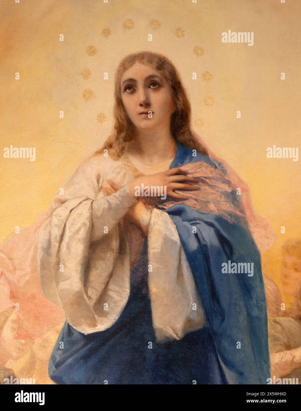 MAILAND, ITALIEN - 6. MÄRZ 2024: Das Detail der Gemälde der Unbefleckten Empfängnis in der Kirche Chiesa del Sacro Cuore. Stockfoto