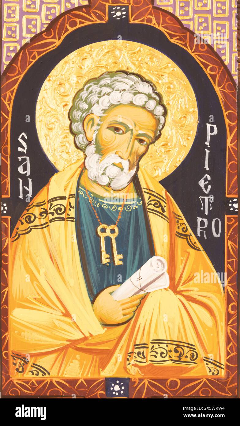 MAILAND, ITALIEN - 6. MÄRZ 2024: Das Fresko des Apostels St. Peter in der Kirche Chiesa dei santi Nereo e Achileo von Iulian Rosu (2021). Stockfoto