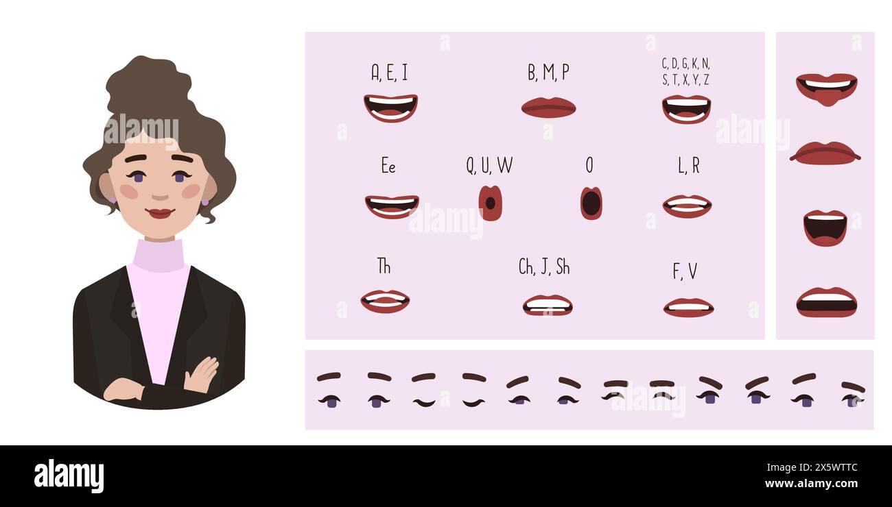 Business Office Frau Avatar Erstellung geeignet für Animation. Generator, Konstrukteur verschiedener Augen, Lippen, Emotionsausdrücke Mundanimation und li Stock Vektor