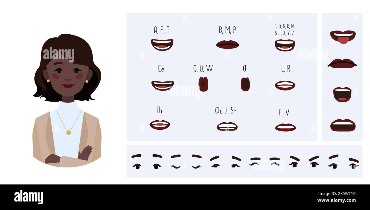 Business Office Frau Avatar Erstellung geeignet für Animation. Generator, Konstrukteur verschiedener Augen, Lippen, Emotionsausdrücke Mundanimation und li Stock Vektor