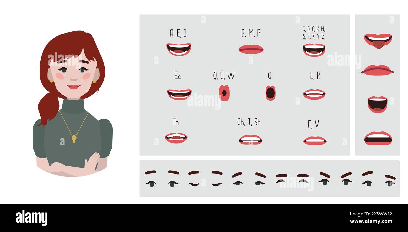 Business Office Frau Avatar Erstellung geeignet für Animation. Generator, Konstrukteur verschiedener Augen, Lippen, Emotionsausdrücke Mundanimation und li Stock Vektor
