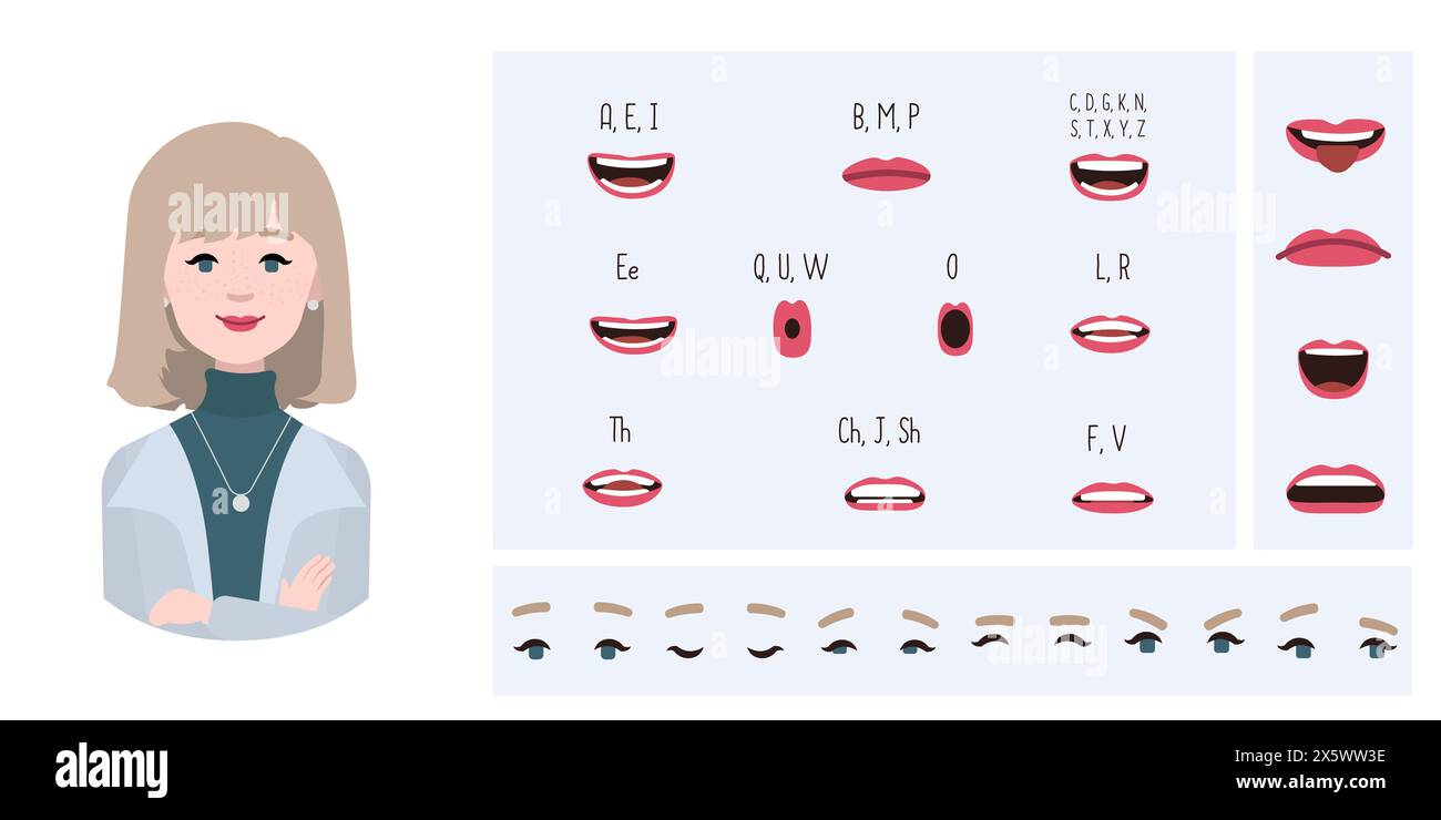 Business Office Frau Avatar Erstellung geeignet für Animation. Generator, Konstrukteur verschiedener Augen, Lippen, Emotionsausdrücke Mundanimation und li Stock Vektor