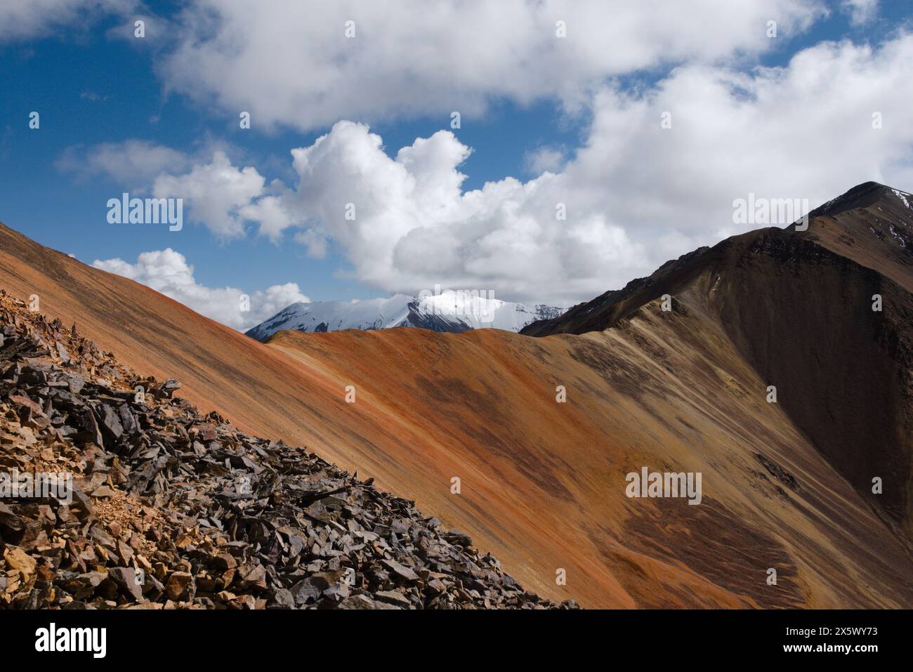 Farbenfroher Bergkamm und schneebedeckter Gipfel im nördlichen chilenischen Hochland (über 5000 m) Stockfoto