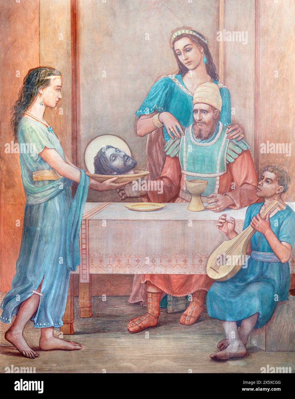 MAILAND, ITALIEN - 7. MÄRZ 2024: Das Fresko Salome zeigt den Kopf Johannes des Täufers an Herodes und Herodias in der Kirche Chiesa di San Vito Stockfoto