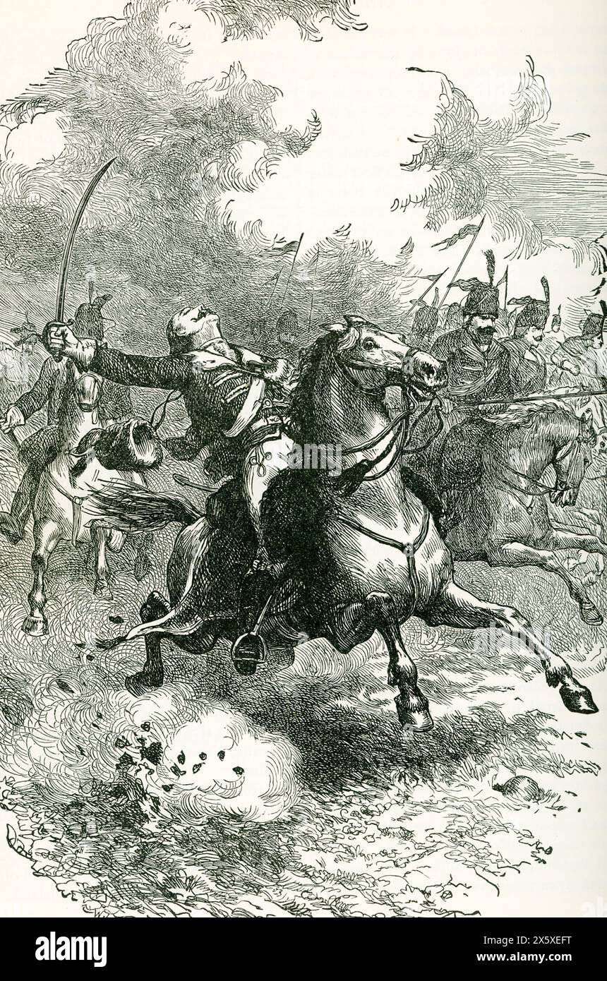 Diese Abbildung zeigt die Belastung von Count Pulaski. Casimir Pulaski (1745–1779), ein polnischer Adliger, Soldat und Kommandeur, wurde für die amerikanische Revolution rekrutiert, wo er Brigadegeneral in der Kontinentalarmee wurde. Bekannt als „Soldier der Freiheit“, machte er sich als Kavallerie-Offizier bekannt und wurde als „Vater der amerikanischen Kavallerie“ bekannt. Pulaski wurde in der Schlacht bei Savannah, Georgia, tödlich verwundet. Stockfoto