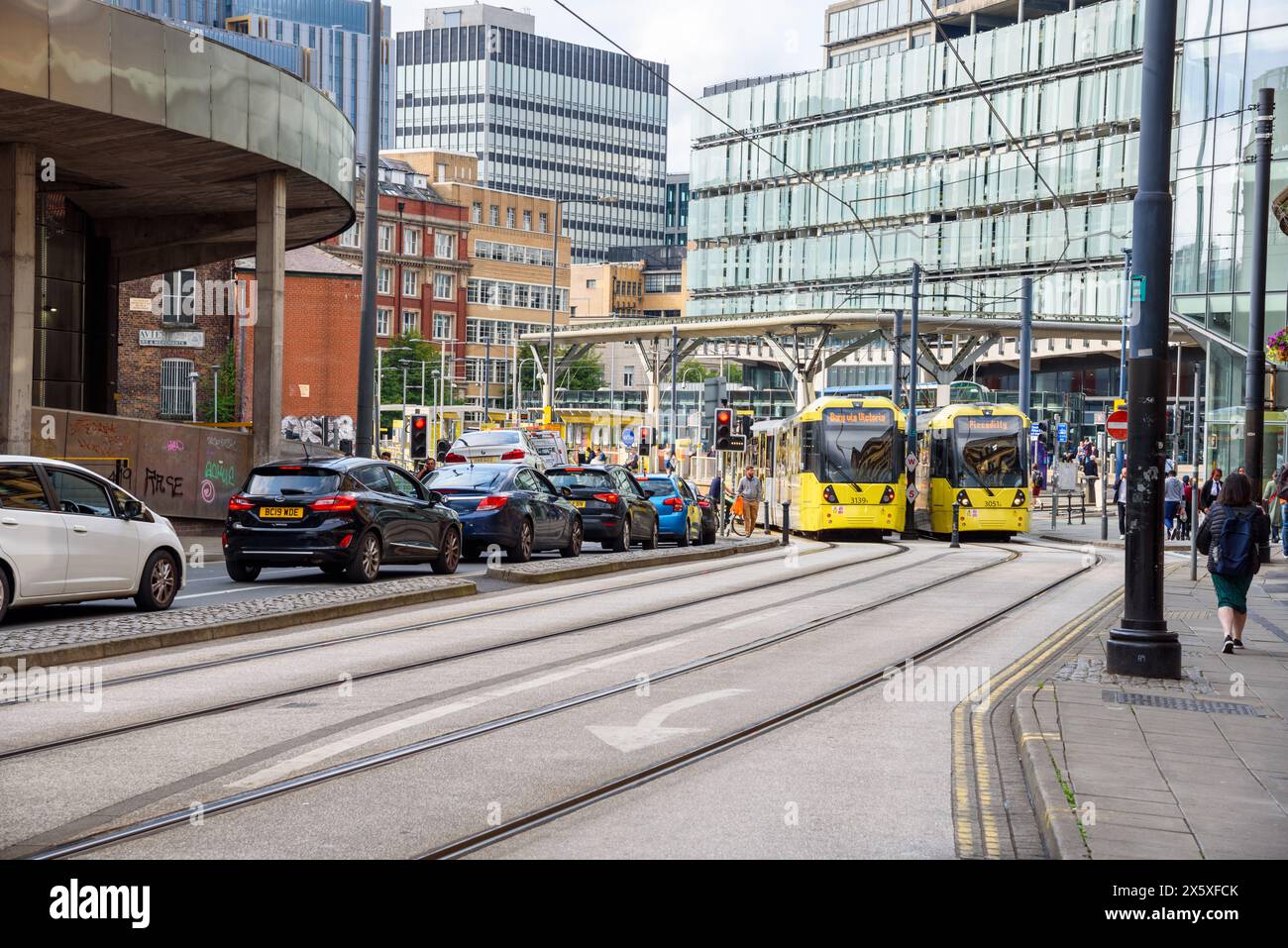 Shudehill Interchange von der Nicholas Croft Street aus gesehen. Shudehill Interchange ist ein Verkehrsknotenpunkt im Stadtzentrum von Manchester Stockfoto