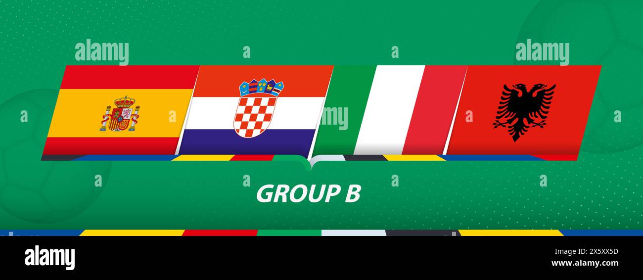 Teilnehmer der Gruppe B des Fußballwettbewerbs auf abstraktem Fußball-Hintergrund. Flagge von Spanien, Kroatien, Italien, Albanien. Stock Vektor