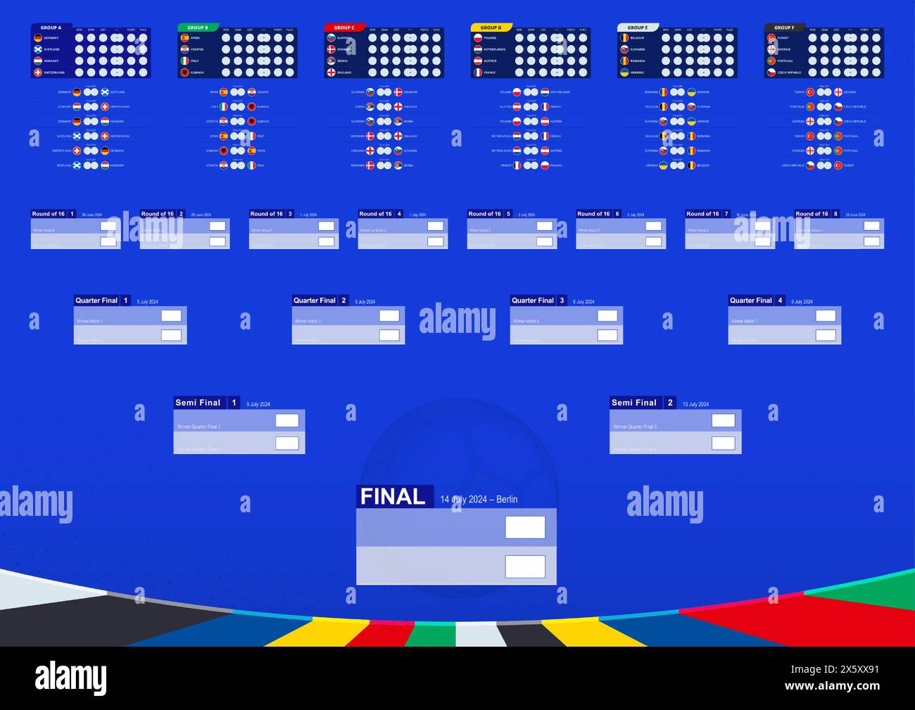 Fußball-Ergebnistabelle mit Fahnen und Gruppen des europäischen Fußballwettbewerbs 2024. Vektorvorlage. Stock Vektor
