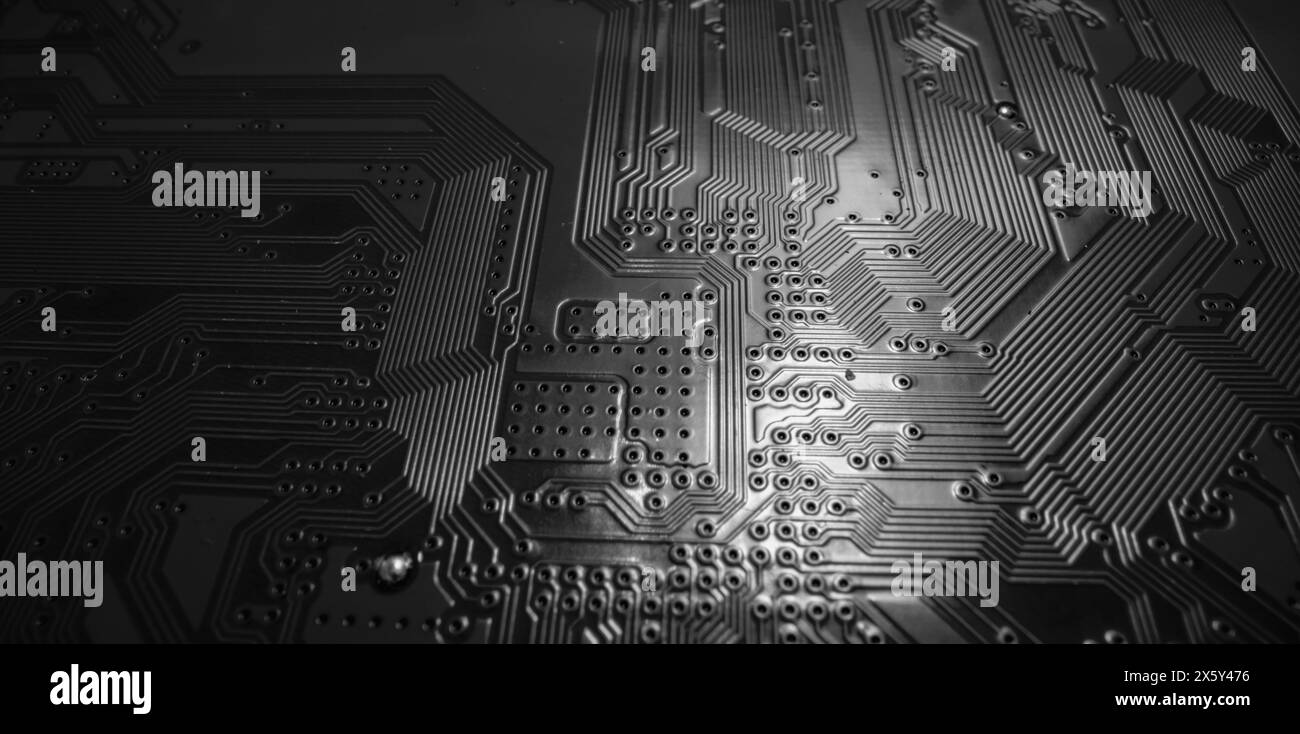 Hintergrund der Elektronikplatine. Abstrakter Hintergrund für digitale Technologien. Hardware-Technologie für elektronische Computer. Digitaler Chip der Hauptplatine. Technik Stockfoto