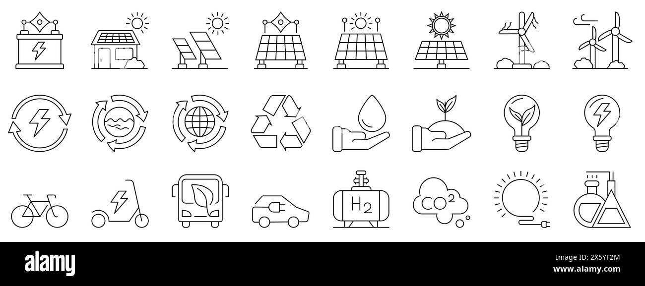 Grüne Energie-Symbolgruppe. Sammlung von Symbolen für nachhaltige Energie. Symbole für erneuerbare Energien, grüne Technologie. Flacher STYLE, umweltfreundlich und nachhaltig Stock Vektor